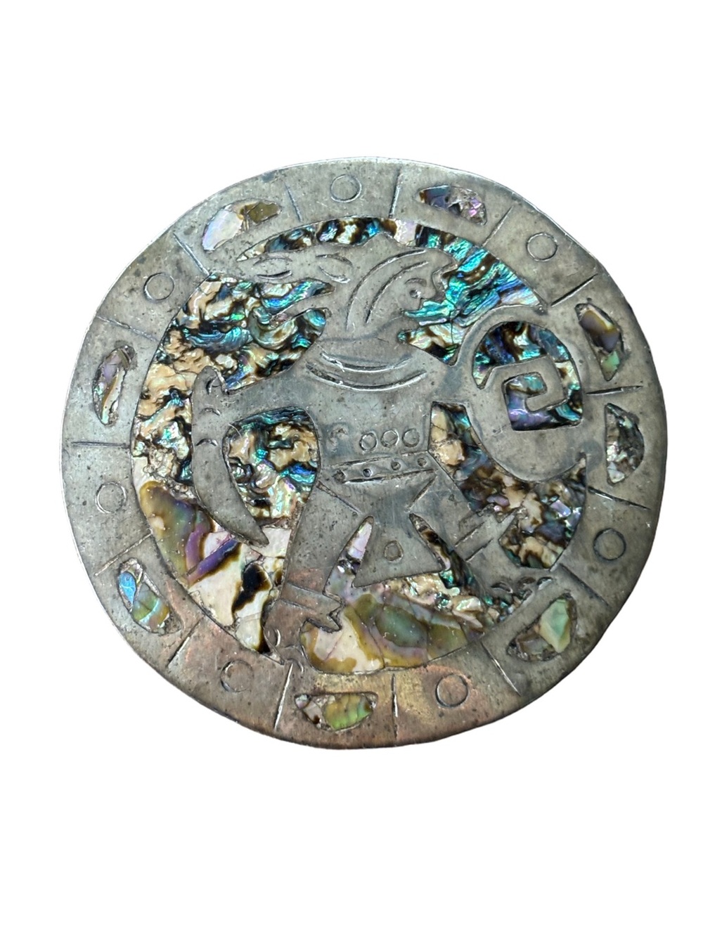 Vintage Abalone Aztec Warrior Brooch Necklace Mexican Sterling Handcrafted